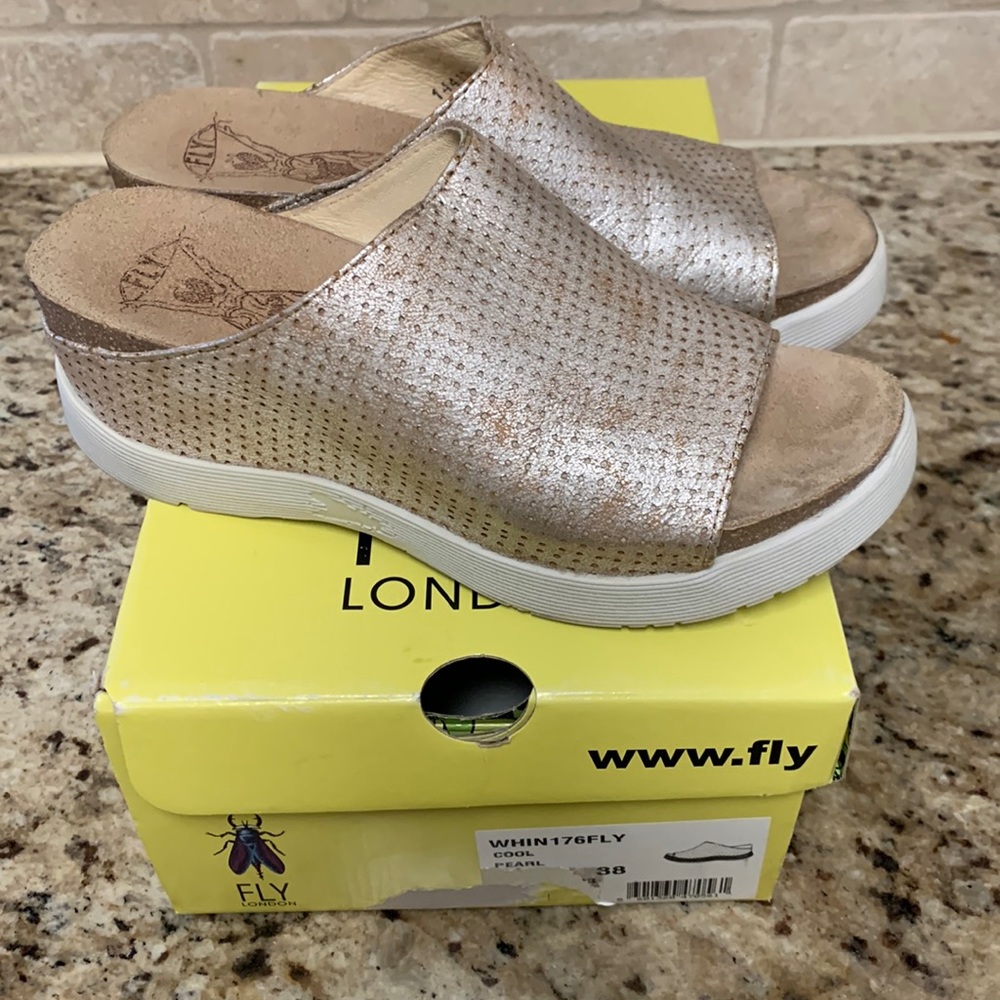 Fly London Metallic Silvery Gold Perforated Wedge Slide Sandals 38
